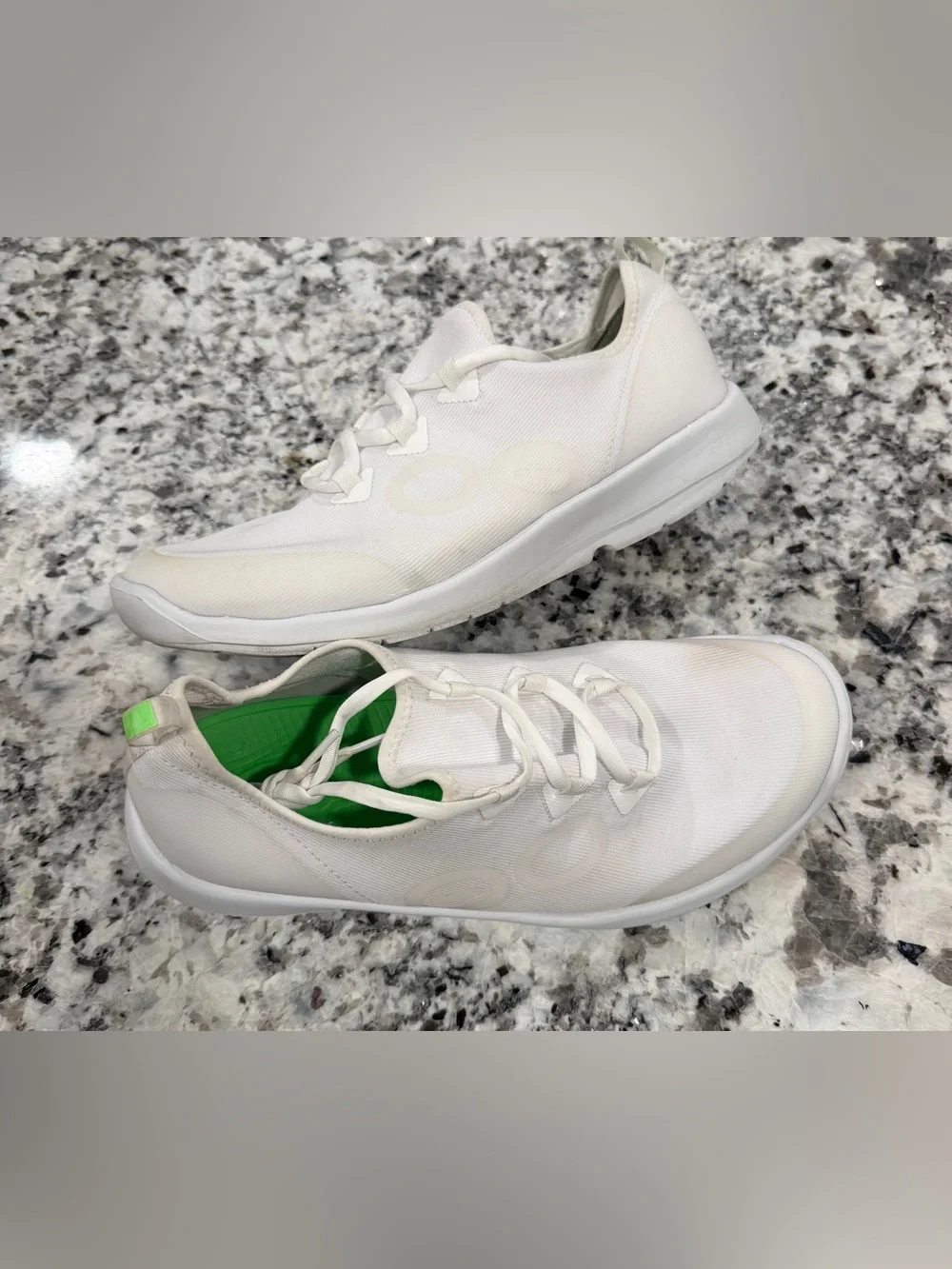 OOFOS Women's White Athletic Slip-On Sneakers with Green Insole Accent